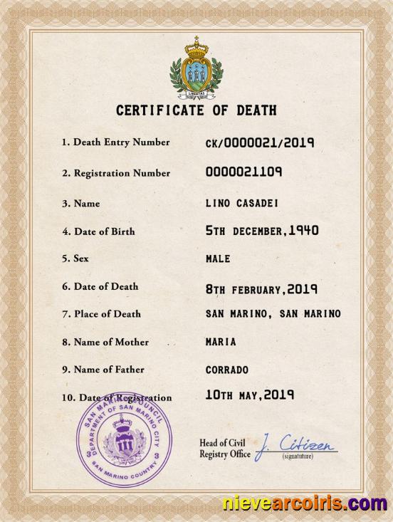 San Marino vital record death certificate